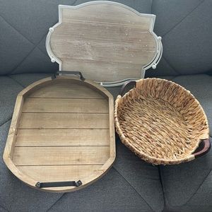 Kirklands farmhouse trays & Target wicker basket